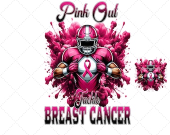Könnte beinhalten: Ein Footballspieler in einem rosafarbenen Trikot mit einem rosafarbenen Band auf der Brust, der vor einer rosa Rauchwolke steht. Der Text "Pink Out Tackle Breast Cancer" befindet sich unter dem Spieler.