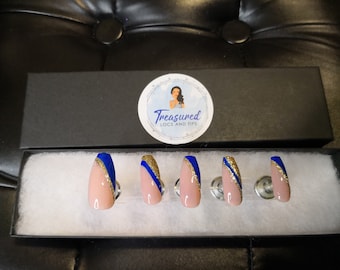 Blue and Gold Press On Nails: Sorority Party Style