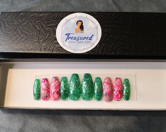 Floral Press On Nails: Pink, Green, and Glitter