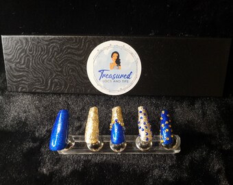 Blue and Gold Rhinestone Press On Nails: Full Set