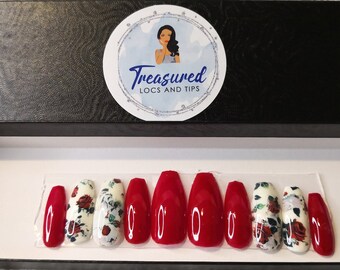 Red and White Floral Press On Nails: Spring Nail Set