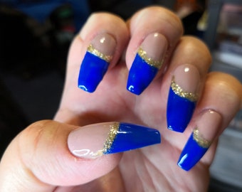 Blue French Tip Press On Nails: Gold Accent Sorority Style