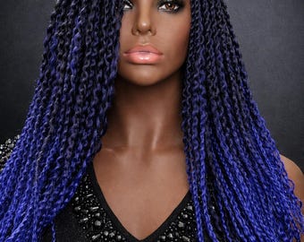 フルレース セネガル カーリーツイストウィッグ：グルーレス オンブレ ブラック/ブルー