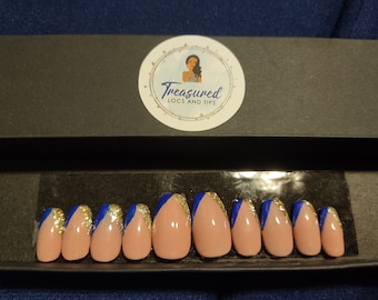 Blue and Gold Press On Nails: Royal French Tip False Nails