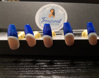 Blue French Tip Press On Nails: Sorority Style