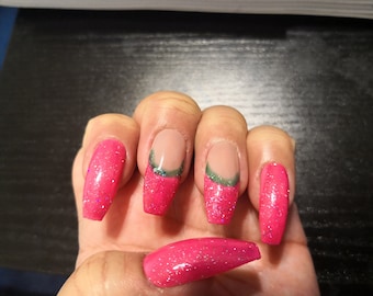 Pink Glitter Press-On Nails: Apple Green French Tip, Sorority Style