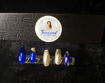 Blue & Gold Press On Nails: Leopard Animal Print