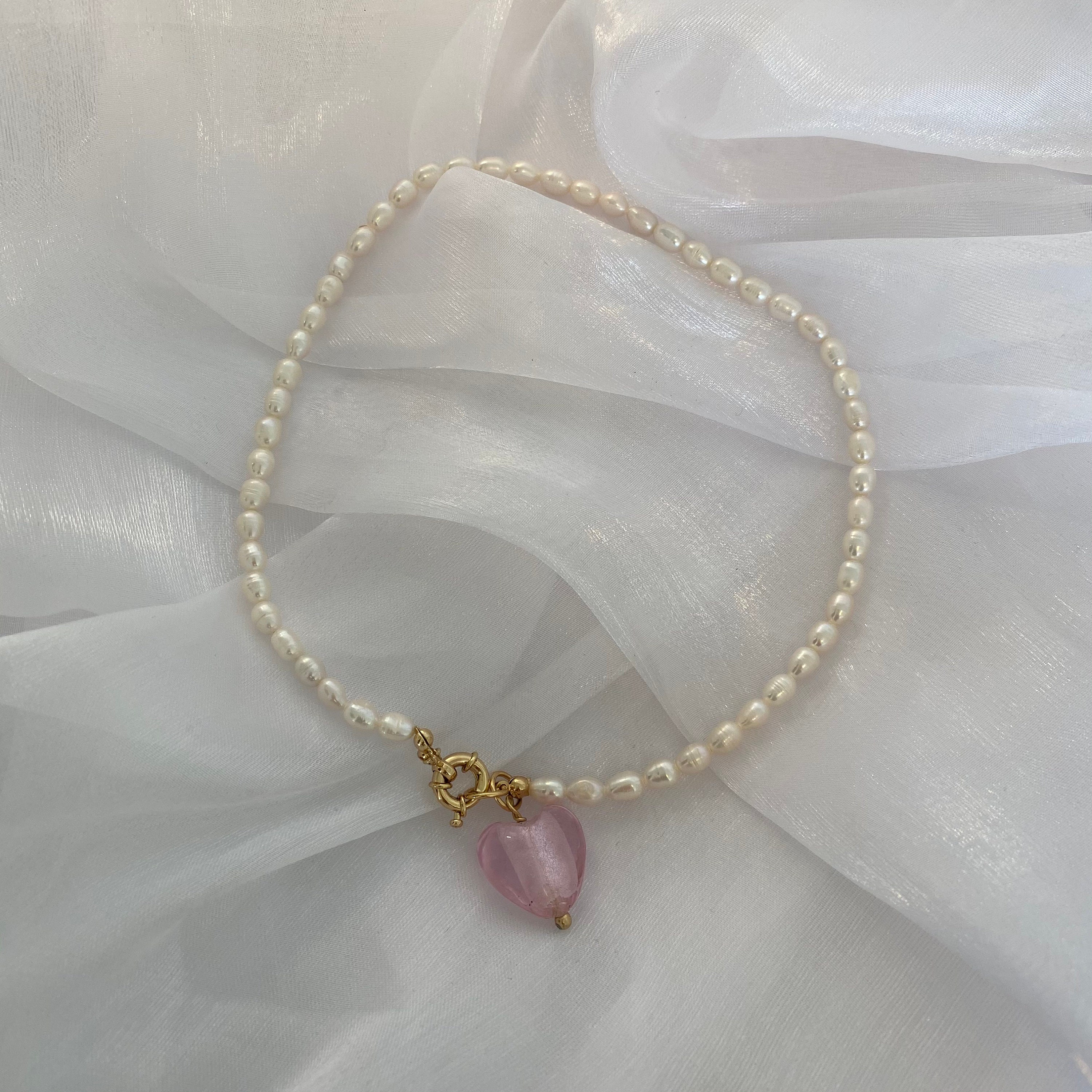 Pearl Choker necklace with Pink Heart Glass pendant | Etsy