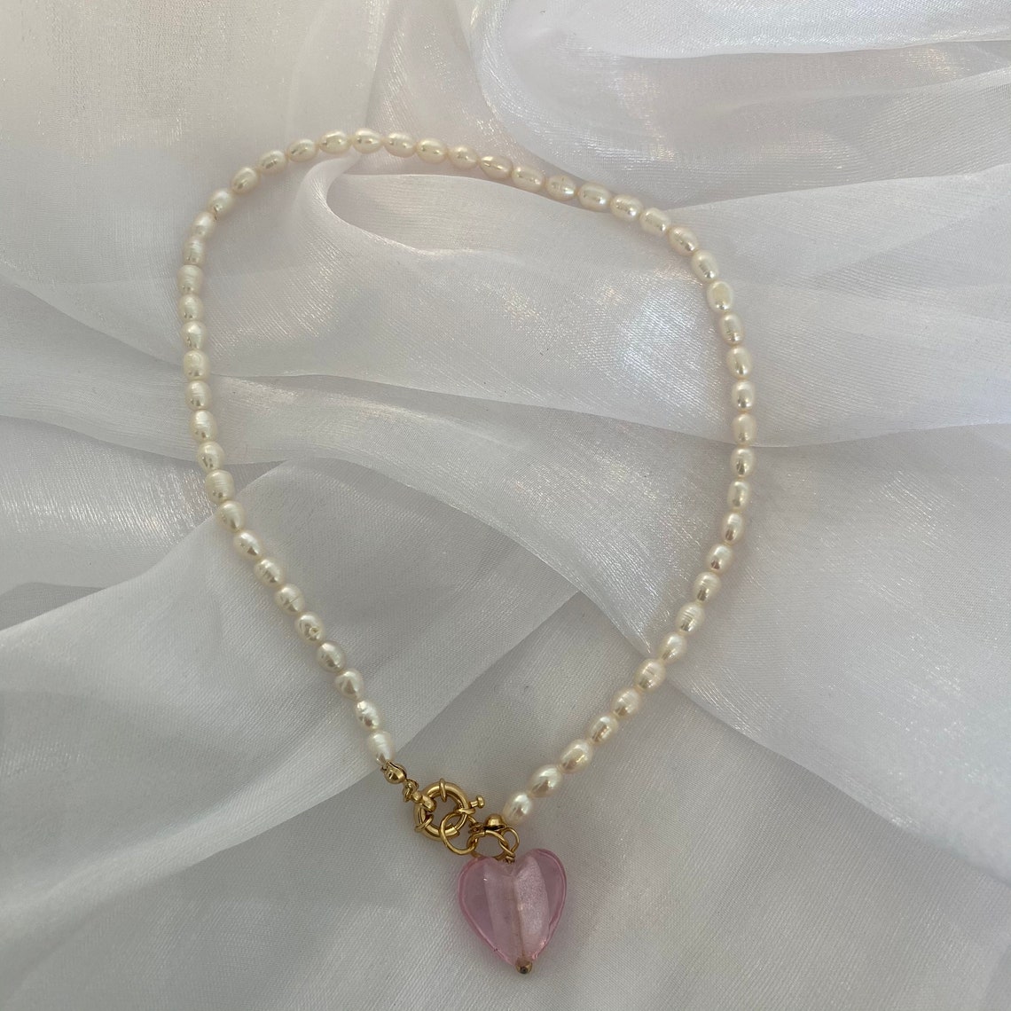 Pearl Choker necklace with Pink Heart Glass pendant | Etsy