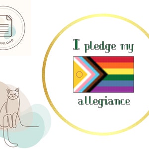 May include: A gold circle with a white background and the text "I pledge my allegiance" in green text. A rainbow flag with a yellow hexagon in the top left corner is in the center of the circle.
