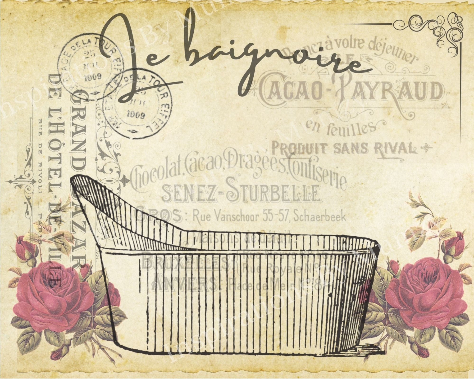 Vintage Paris French Style Bath Le Baignoire Digital Wall Art Etsy