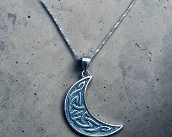 Sterling Silver Large Solid Celtic Crescent Moon Pendant