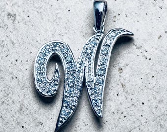 Sterling Silver Large CZ Stone Fancy W Initial Pendant