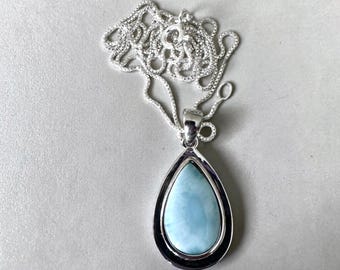 Sterling Silver Large Teardrop Genuine Larimar Stone Pendant Necklace