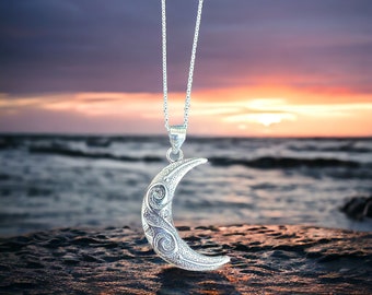 Sterling Silver Large Crescent Moon Pendant Necklace