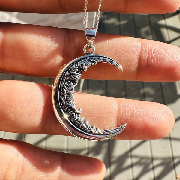 Sterling Silver Large Crescent Moon & Vines Pendant Necklace