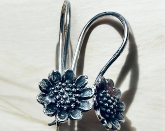 Sterling Silver Solid Sunflower Hook Earrings