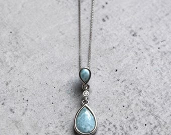Sterling Silver Genuine Larimar Stone Tear Drop Pendant Necklace