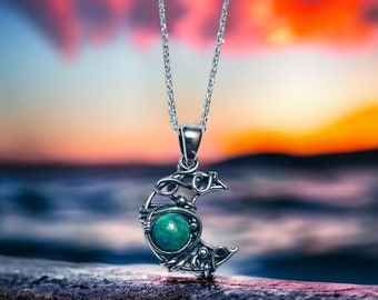 Sterling Silver Genuine Stone Wire Wrapped Crescent Moon Pendant Necklace
