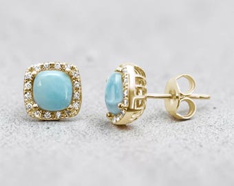 Sterling Silver 14K GP CZ Stone Bezel Set Genuine Larimar Stone Post Earrings