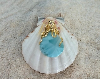 Sterling Silver Large 14K GP Genuine Larimar Stone Octopus Pendant