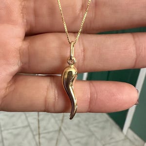 Könnte beinhalten: Eine goldfarbene Halskette mit einem hornförmigen Anhänger. Der Anhänger ist glatt und gebogen und hängt an einer feinen Kette. Die Halskette wird vor einem neutralen Hintergrund gezeigt, um das Design des Schmucks hervorzuheben.