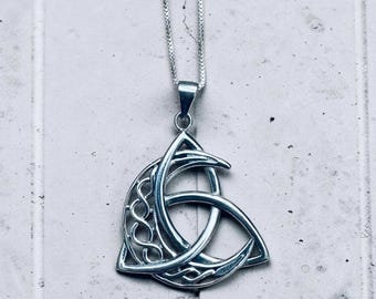 Sterling Silver Large Celtic Crescent Moon & Triquetra Pendant Necklace