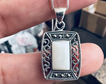 Sterling Silver Mother of Pearl & Marcasite Pendant Necklace