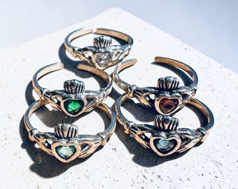 Sterling Silver Adjustable CZ Birthstone Claddagh Toe Ring