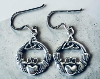 Sterling Silver Celtic Claddagh Drop Earrings