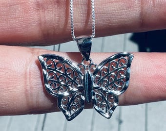 Sterling Silver Large D/C Filigree Butterfly Pendant Necklace