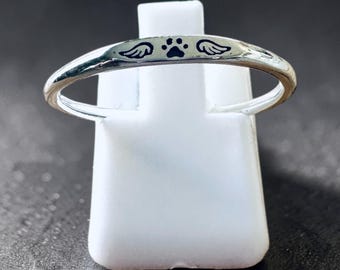 Sterling Silver Paw Print Angel Wings Solid Band