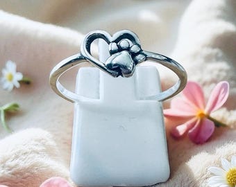 Sterling Silver Heart & Paw Print Ring