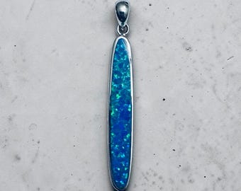 Sterling Silver Long Solid Fire Opal Bar Pendant Necklace