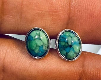 Sterling Silver Genuine Turquoise Stone Bezel Stud Earrings