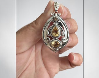Sterling Silver Extra Large Genuine Citrine Stone Statement Pendant Necklace