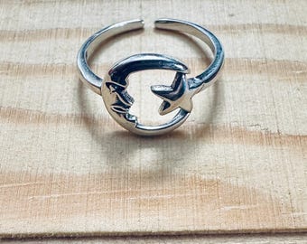 Sterling Silver Moon & Star Adjustable Toe Midi Ring