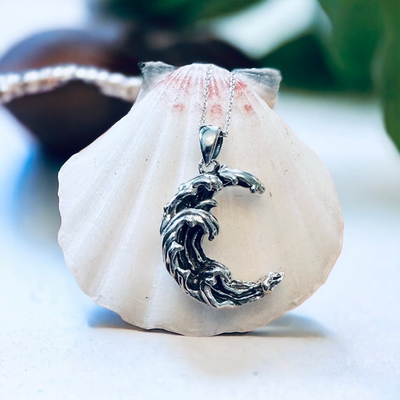 Sterling Silver Crashing Waves Crescent Moon Necklace - Etsy