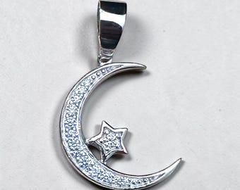 Sterling Silver CZ Stone Solid Crescent Moon & Star Pendant
