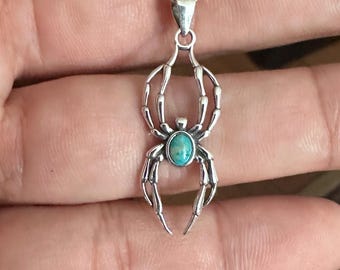 Sterling Silver Genuine Turquoise Stone Large Spider Pendant Necklace