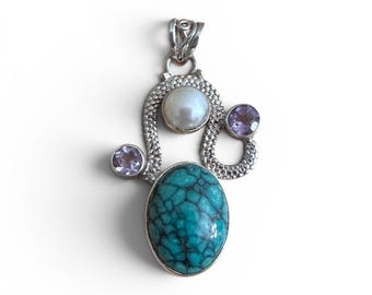 Sterling Silver Large Turquoise Stone Statement Pendant