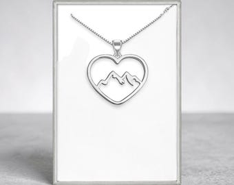 Sterling Silver Large Heart & Mountain Range Pendant Necklace