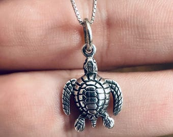Sterling Silver Mini Solid Sea Turtle Pendant Necklace