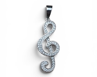 Sterling Silver Large CZ Stone Treble Clef Pendant