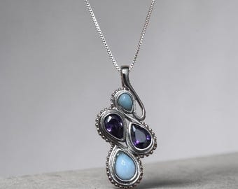 Sterling Silver Genuine Amethyst & Larimar Stone Pendant Necklace
