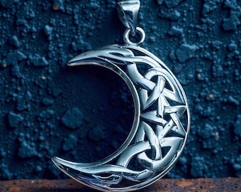 Sterling Silver Large Celtic Crescent Moon & Star Pendant Necklace