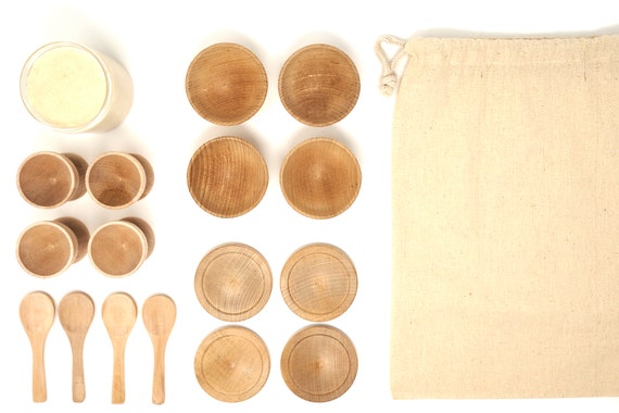 Montessori Waldorf Wooden Kitchen Play, Wooden Plates And Bowls Play Set