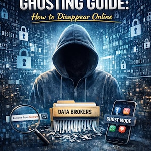 May include: Book cover titled "DIGITAL PRIVACY & GHOSTING GUIDE: How to Disappear Online." It features a hooded figure, a magnifying glass, a smartphone with social media icons, and a file labeled "DATA BROKERS."