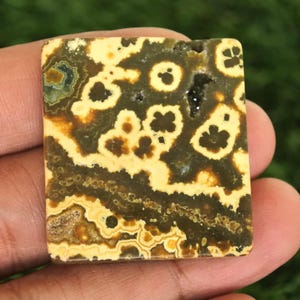 May include: A square gemstone featuring a distinctive pattern of yellow, brown, and dark green markings. The polished stone is held in a hand, highlighting its natural textures. This gemstone is likely intended for jewellery or decorative applications.