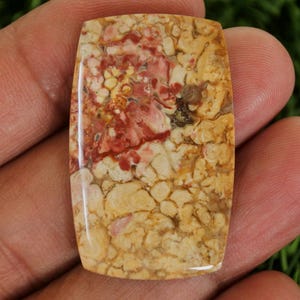 Peut inclure: Une pierre précieuse rectangulaire aux coins arrondis, présentant un mélange de couleurs. La pierre a une base de teintes beige et crème, avec des taches de rouge et de rose. La surface a une finition polie et brillante.